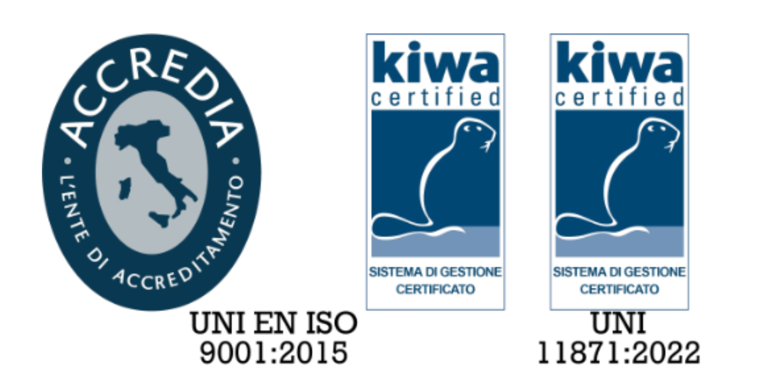 Certificazioni: Accredia UNI EN ISO 9001:2015 – Kiwa UNI 11871:2022
